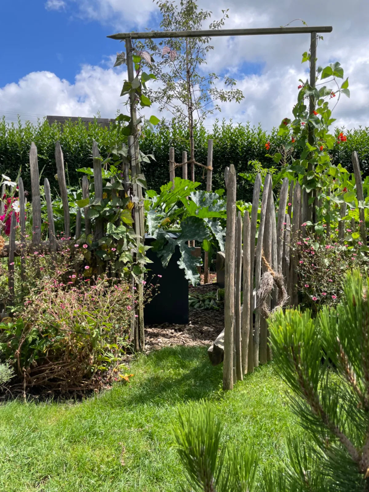 Nutzgarten mit Hochbeeten und Rankgerüsten aus Holz
