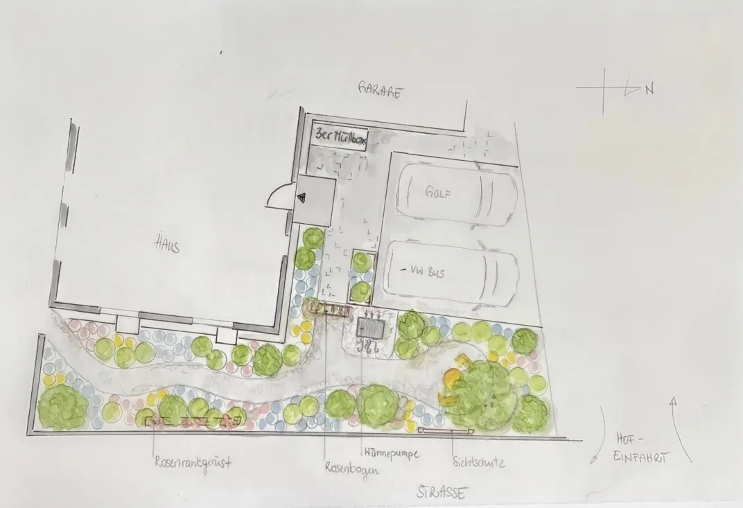 Gartenplan eines Vorgartens ohne Rasen mit Sitzplatz und Blütenbeeten