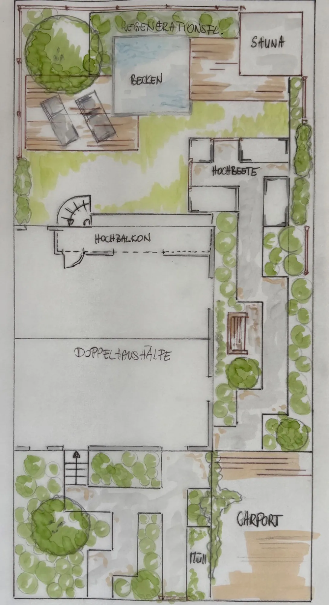 Detail eines handgezeichneten Gartenentwurfs mit Beeten und Sitzplatz